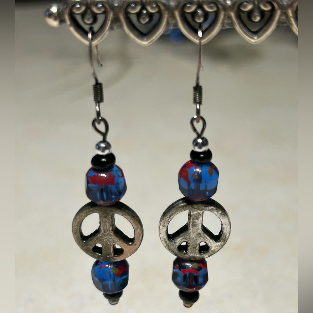 Peace Symbol Earrings with Blue and Silver Accents
